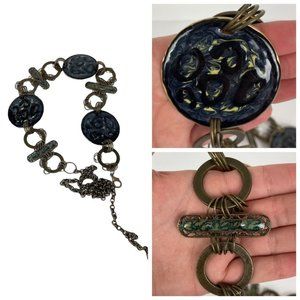 1980's Resin Medallion Chain Waist Adjustable Belt‎ Blue Green Brassy Gold